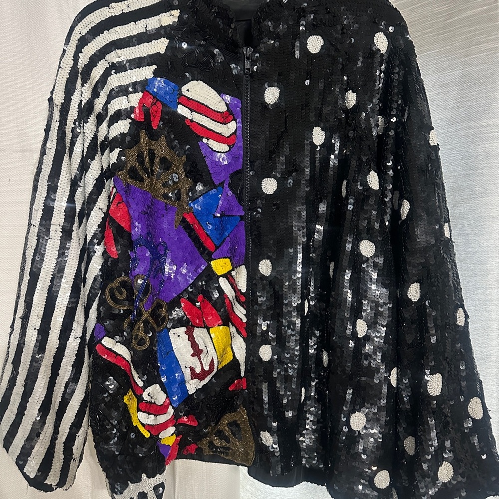Vintage 100% Silk Sequin Polka Dot and Abstract Bomber Jacket